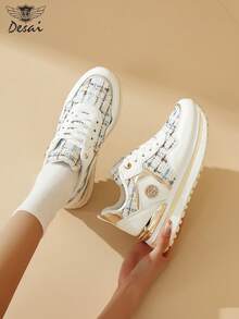 女士透气运动鞋、轻便跑鞋、百搭拼接设计休闲健身运动鞋 - 白色 - 查看 3