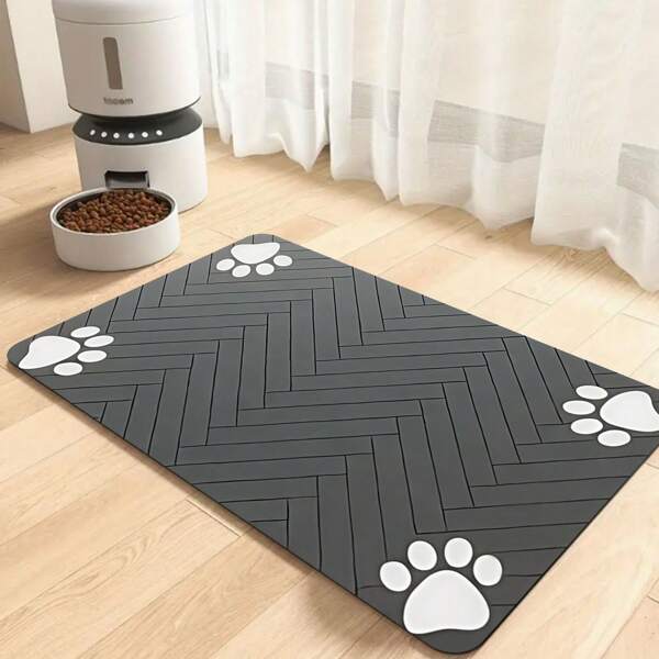 Tapete absorvente para alimentação de animais de estimação, tapete para comida e água de cachorro, com padrão espinha de peixe e estampa de pata, 1 peça - Tapete de secagem rápida para comida de cachorro e gato, tapete para bebedouro - Tapete para suprimentos de animais de estimação - Adequado para cães que adoram água
