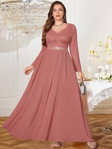 Plus V-Neck Floral Lace Contrast Chiffon Rhinestone Ribbon Waist Formal Party Long Dress, Wedding Guest Dress, For Birthday, Graduation, Homecoming - Dusty Pink - View 4