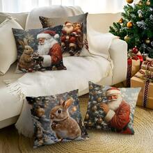 4pcs Vintage Santa Claus & Rabbit Printed Pillow Case Set - Peach Velvet Pillow Cover 45*45cm
