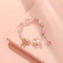 1PC Sweet Lily Bead Elastic Bracelet - Floral Charm Gradient Bead Bow Pendant, Adjustable Buckle, Cute Birthday Gift, Student's First Choice, Best Friend Accessory, Casual Wristband, Friendship Accessory, Simple Design, Exquisite Craftsmanship, Pearl Embellishment - 粉色 - 查看 5