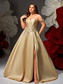 VIPGIRL Neues Abendkleid in Champagnerfarbe mit Pailletten-Patchwork, elegantes hochwertiges Design für Damen in Große Größen, luxuriöser Abendanzug - Champagnerfarben - Übersicht 4