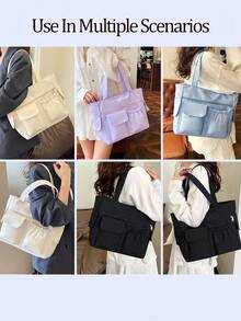 女士时尚纯色尼龙多功能手提包，简约多口袋大容量腋下包，多功能手提包，休闲旅行假日购物手提/单肩包，商务通勤日常外出笔记本电脑包，适合学习、工作、通勤和日常使用，返校包 - 黑色 - 查看 9