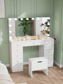 VOWNER 46" Makeup Vanity Desk With Whole Lighted Mirror & Power Outlet, Modern Vanity Table With 11 Storage Drawers & Soft Stool, 14-Bulbs Large Mirror, 3-Color Lighting & Brightness Adjustable, Bedroom Vanity Set Gifts For Girls Women, Christmas - 白色-玻璃檯面 - 查看 8