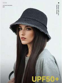 1pc Women Sunscreen Casual Bucket Hat With Silver Letter Badge And Frayed Brim, Suitable For Travel And Shopping Outfits