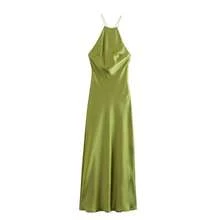 - Satin Strap Dress - Silk-Like Lustrous Flowing Effect - Minimalist Style - xanh quân đội - Xem 4