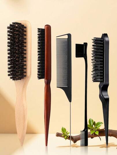 5 件木质梳理刷、梳理梳、造型梳套装，带鼠尾梳，用于头发分区，控制边缘、向后梳理、平滑和造型细软头发以打造丰盈效果，边缘刷用于边缘和向后梳理发刷