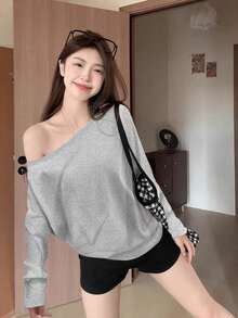 Casual Loose Off-Shoulder Long Sleeve T-Shirt, Slouchy Relaxed Fit Tops