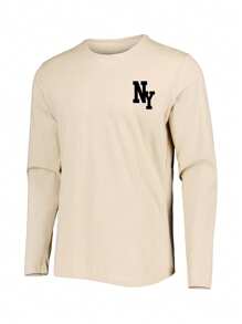 Men's Versatile Piece For Autumn | Apricot Round Neck New York Element Printed Long Sleeve T-Shirt, Suitable As A Gift For Husband, Boyfriend, Or Friend, Fall