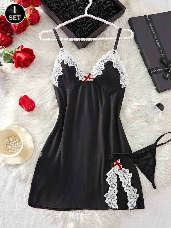 2pcs Plus Size Women Lace Nightgown & G-String Set, Black Lace Spaghetti Strap Sexy Deep V Backless Lingerie Sleepwear With Stretchy G-String