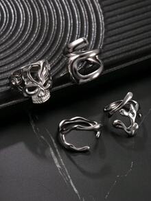 4件套不锈钢Y2K复古极简开口戒指套装，尺寸可调节，男士礼物，适合送给男友、丈夫、儿子，日常佩戴 - 銀色 - 查看 12