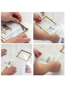 1 件金色高清玻璃浮动相框，带不同尺寸相框，桌面展示金属立式压花相框，适用于婚礼、派对、家居装饰，随机预设图片