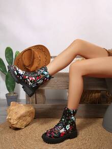 女士时尚印花圆头系带侧拉链粗跟中筒靴，运动朋克风，适合户外、居家、节日、秋冬季穿着。新款柔软PU材质，百搭舒适，平底/高跟可选，随机印花图案。 - 紅色 - 查看 6