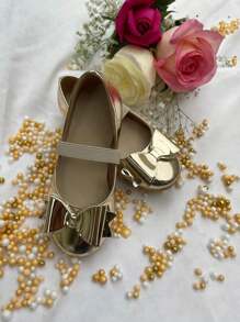 Chicas zapato plano iridiscentes con lazo y cinta elástica para niñas – Estilo moderno y brillante ideal para fiestas, eventos o uso diario, antiderrapantes. - Dorado - Ver 3