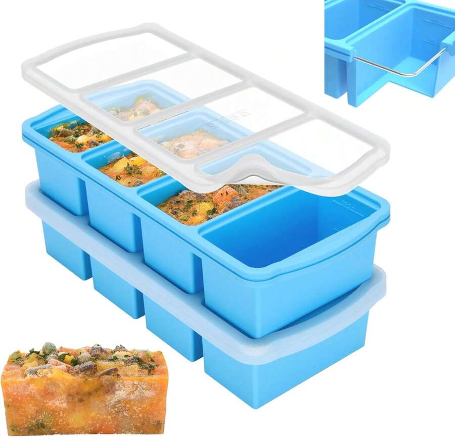 Silicone Freezer Trays With Lid,1-Cup Soup Freezer Container Large Ice Cube Molds With Reinforced Steel Ring Top For Freezing Soup Sauce Broth Leftovers Oven Dishwasher -Safe(2-Pack),9830792