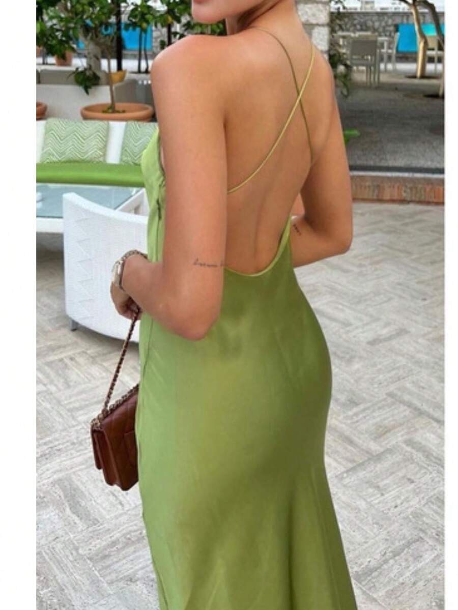 - Satin Strap Dress - Silk-Like Lustrous Flowing Effect - Minimalist Style - xanh quân đội - Xem 1
