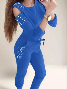 2025 European And American Women's Sexy Stud Embellished Solid Color Off-Shoulder Long Sleeve Sportswear Set - Blue - View 1