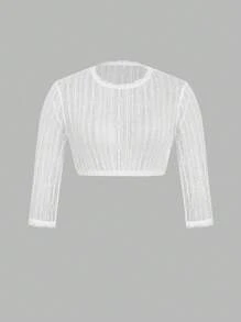 ii French Elegant Crew Neck Minimalist Sheer Casual Blouse For Women, Halloween