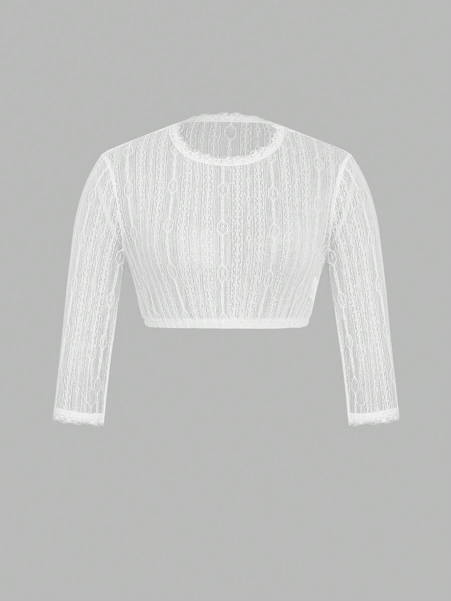 ii French Elegant Crew Neck Minimalist Sheer Casual Blouse For Women, Halloween