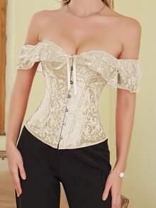 Áo corset ren jacquard hai lớp xếp nếp kiểu cung đình cổ điển, hở vai, thiết kế cài nút phía trước và buộc dây phía sau, thân áo corset thắt eo màu mơ, thích hợp cho tiệc trà Lolita, đám cưới, Halloween. - Màu be - Xem 3