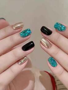 1 pieza Mezcla de tamaños de brillo azul verde pavo real, brillo de sirena brillante, brillo coreano hexagonal grande, suministros para uñas, encantos para uñas, gemas para uñas