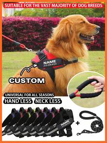 Customizable Reflective Dog Harness Leash Set, Adjustable Pet Chest Vest With Personalized Name & Phone Number Patch, Polyester, Striped Design, Washable Dog Harness,Christmas Gift Supplies - Multicolor - View 2