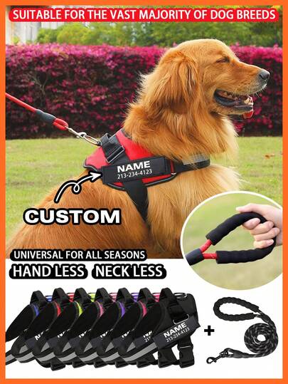 Customizable Reflective Dog Harness Leash Set, Adjustable Pet Chest Vest With Personalized Name & Phone Number Patch, Polyester, Striped Design, Washable Dog Harness,Christmas Gift Supplies