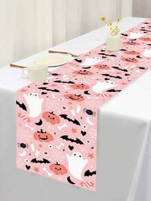 1 件 35*180 厘米粉色万圣节桌旗，可爱鬼魂、南瓜和蝙蝠设计涤纶桌旗，万圣节餐桌装饰，万圣节主题派对，厨房和家居装饰，室内和室外使用，节日餐桌装饰，万圣节派对用品