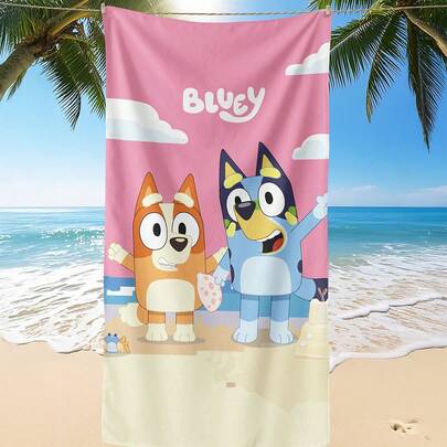 Bluey 1pc Blue Beach Towel, Blue & Bingo Pattern Beach/Bath Towel, Fashionable Beach Towel, Super Absorbent Bath Towel, Suitable For Bathroom, Swimming, Fitness, Yoga, Soft & Comfortable Microfiber Material, Lightweight & Portable, Windproof, Sunproof, Anti-Sand, Ideal For Summer Travel, Vacation, Bathroom Decor. Recommend Regular Size Or Larger Size (Small Towel Size 35*75cm, Suggest 150cm Or Above)