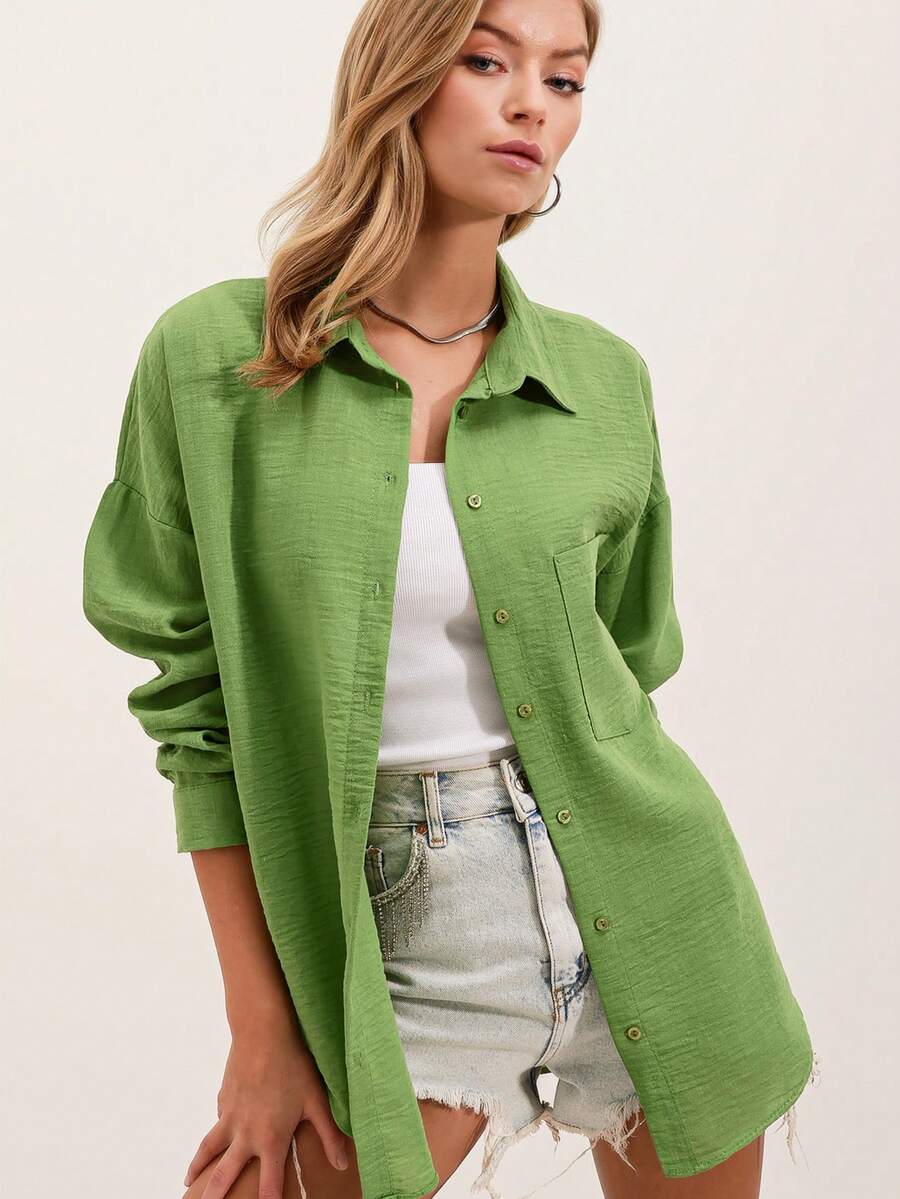 Camisa básica oversize, camisa casual de botones de un solo color con bolsillo delantero - Verde Oliva - Ver 1