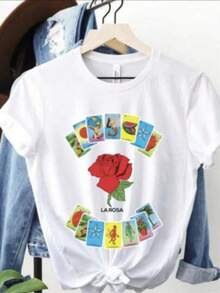 Playera estampada grafico loteria mexicana "la rosa" moderna primavera verano Letras  Casual diario casa - Blanco - Ver 1