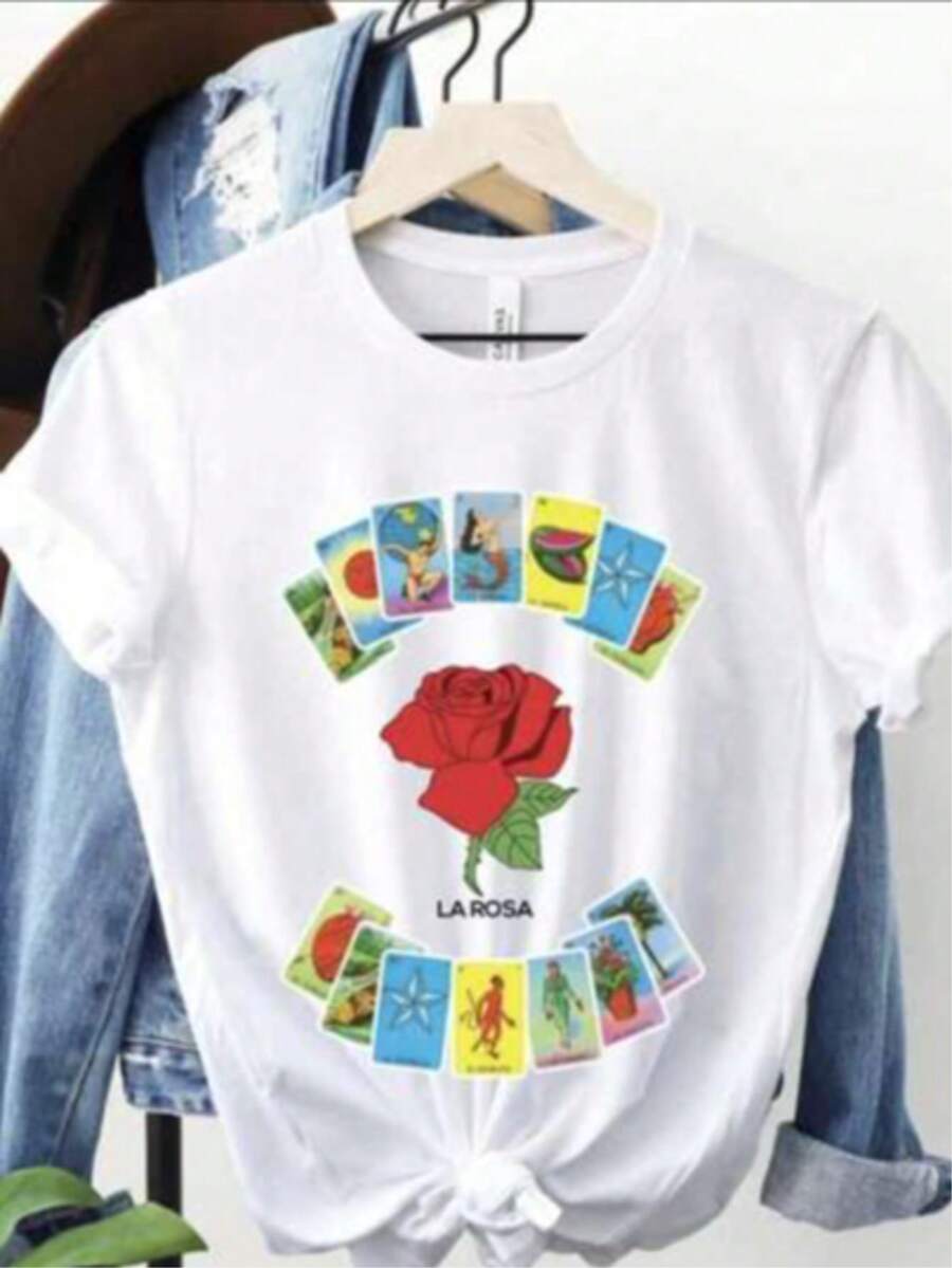 Playera estampada grafico loteria mexicana "la rosa" moderna primavera verano Letras  Casual diario casa - Blanco - Ver 1