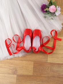 Women's Ballet Shoes, Red Satin Ballet Flats With Ribbon Ties - Red - View 4