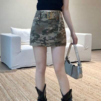 여성 여름 카모 데님 A라인 스커트 벨트 부착, 랜덤 패널, 빈티지 스커트, 보디콘 스커트