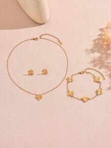 1 Set de Joyería de Acero Inoxidable con Diseño de Textura Floral en Estilo Minimalista, Adecuado para Uso Diario de Mujeres - Amarillo Oro - Ver 8