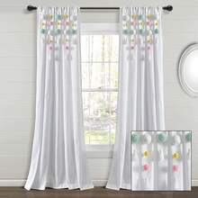 LUSH DECOR Boho Pom Pom Tassel Linen Window Curtain Panel Navy Single 52X84 Halloween-Fall Decor-Room Decor - 水綠色/粉紅色 - 查看 2