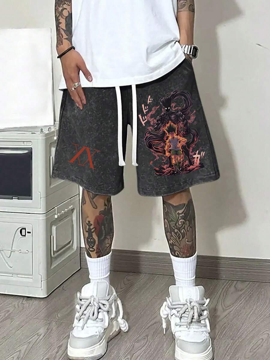 Hot Blooded Anime Xiaojie Double-Sided Printed Summer Men's Retro Washed Casual Street Sports Shorts, Comfortable And Breathable, Daily Wear, Adjustable Drawstring Waist Circumference, Elastic Waistband And Pocket - 黑色 - 查看 1