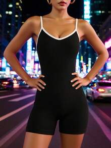 Women's Workout Seamless Jumpsuit Yoga Ribbed Bodycon Spaghetti Shorts Jumpsuit - Black - View 3