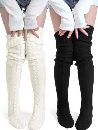 一双女士过膝长袜，过膝针织靴袜套装，保暖时尚的冬季保暖腿部装备，纯色过膝针织条纹扭纹图案袜，圣诞服装，保暖配饰，Y2K风格，舒适