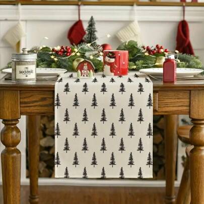 Un conjunto de 4/6 individuales y 1 camino de mesa, decoración de mesa navideña, diseño simple de árbol de Navidad, tela de lino, adecuado para reuniones familiares interiores y exteriores, decoración de mesa para fiesta de Navidad, con múltiples tamaños para elegir, y también se puede regalar.