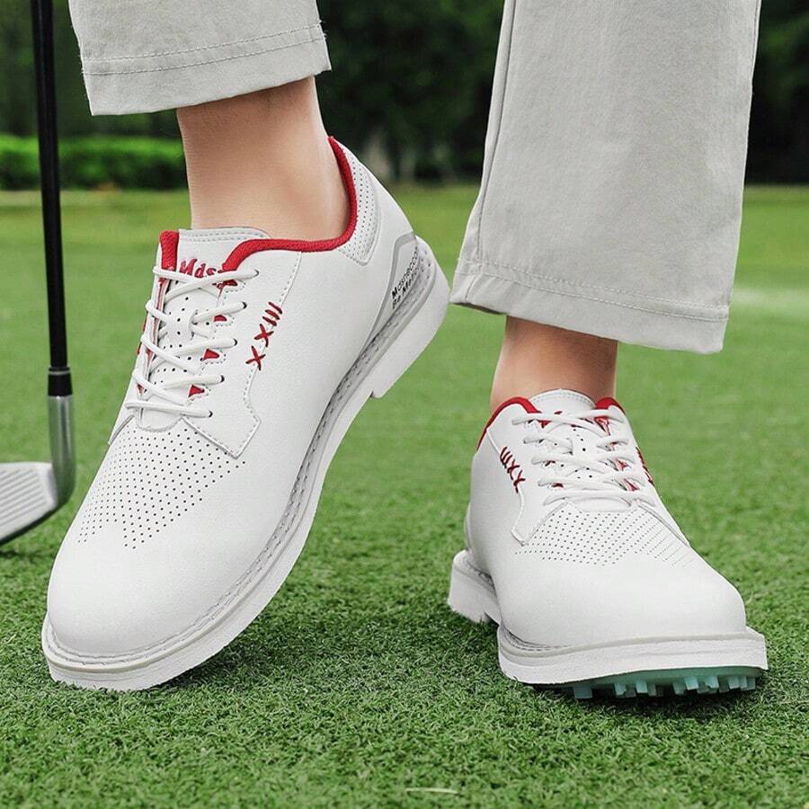 男士高尔夫球鞋，透气、轻便、无钉、休闲款式 - 白紅 - 查看 1