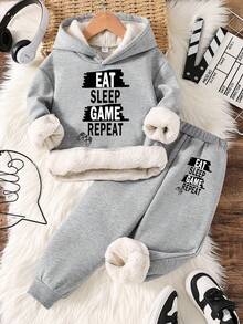 Young Boy Slogan Graphic Print Warm Hoodie And Sweatpants Set - Grey - View 1