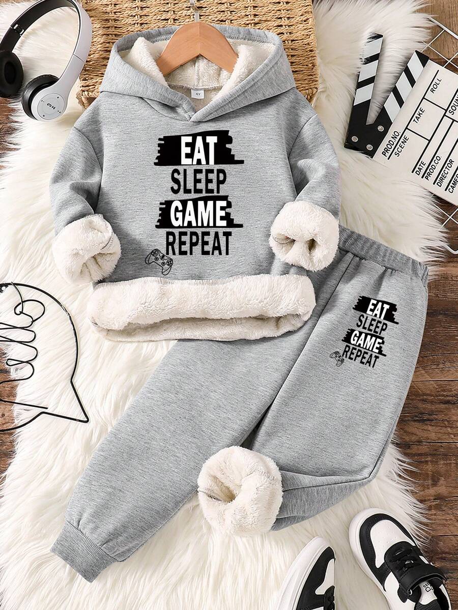 Young Boy Slogan Graphic Print Warm Hoodie And Sweatpants Set - Grey - View 1