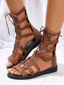 Women's Rhinestone Decor Wedge Sandals, Fashionable Open Toe Hollow Out Back Zipper Shoes, Comfortable Summer Outdoor Sandals - Brown - View 10