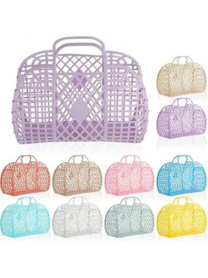 Laundry Basket Mesh Hollow Handbag Summer Women Plastic Bath Basket Washing Storage Basket Home Organizer Jelly Beach Tote Bag