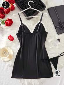 2pcs Plus Size Women Lace Nightgown & G-String Set, Black Lace Spaghetti Strap Sexy Deep V Backless Lingerie Sleepwear With Stretchy G-String