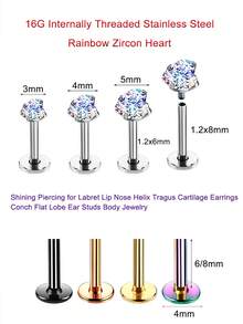 3 sztuki w opakowaniu Fantastyczny tęczowy kolor 3/4/5 mm imitacja kryształu cyrkonii serce kolczyki do nosa kolczyki do nosa ze stali nierdzewnej labret kolczyki do warg helisa kolczyki do chrząstki dla kobiet mężczyzn biżuteria do ciała 16G 1,2 x 6 mm płaski słupek
