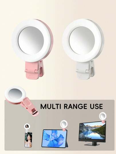 1 个 USB 可充电 LED 自拍环形灯，可调节设置，便携紧凑设计，适用于手机、笔记本电脑、相机，内置小镜子、化妆灯、直播灯，摄影爱好者的理想礼物，轻巧便携的设计，可调节亮度