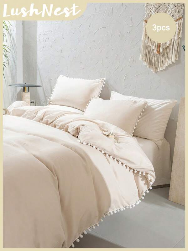 Juego de ropa de cama de edredón liso en color beige con flecos de pompones en estilo bohemio y campestre, 3 piezas: 1 edredón + 2 fundas de almohada, sin edredón, de microfibra suave, apto para todas las estaciones, ideal para escuela y dormitorios