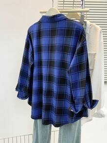 Women's Simple Plaid Print Long Sleeve Shirt, Suitable For Summer, Autumn And Spring - Blue - View 4